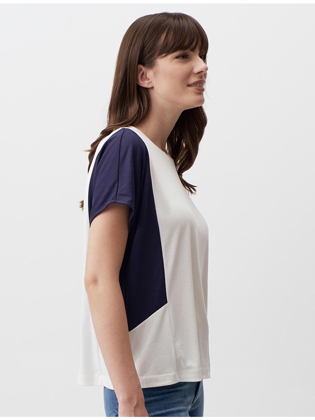 Ekru Kısa Kollu Bisiklet Yaka Rahat Tişört-2