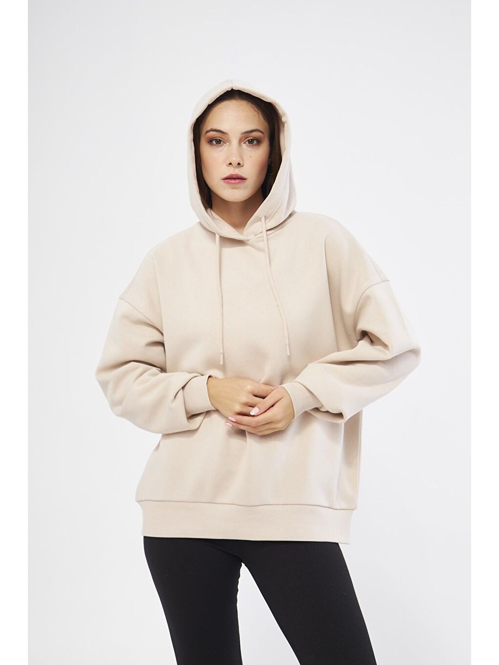 Chandraswear Bej Kadın Oversize Basic Kapüşonlu Sweatshirt Bej - Fruno - 2