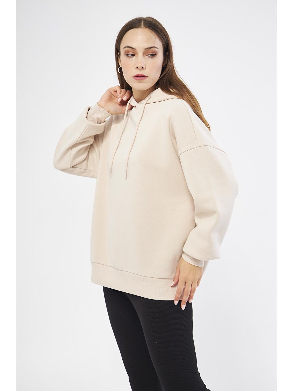 Chandraswear Bej Kadın Oversize Basic Kapüşonlu Sweatshirt Bej - Fruno - 3