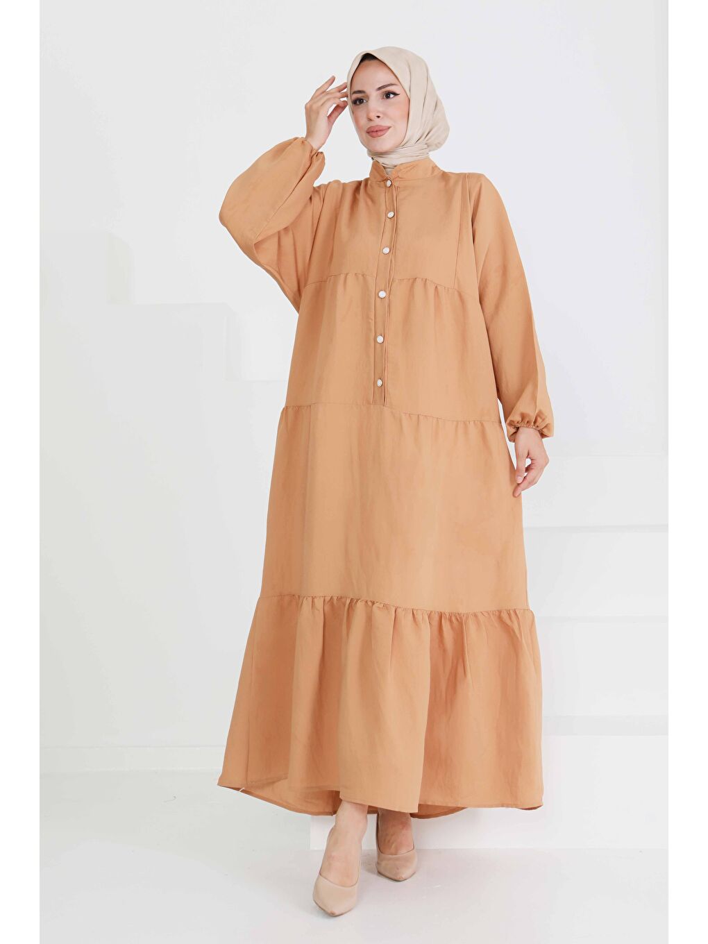 Bej İnci Düğmeli Elbise Vizon - 27469