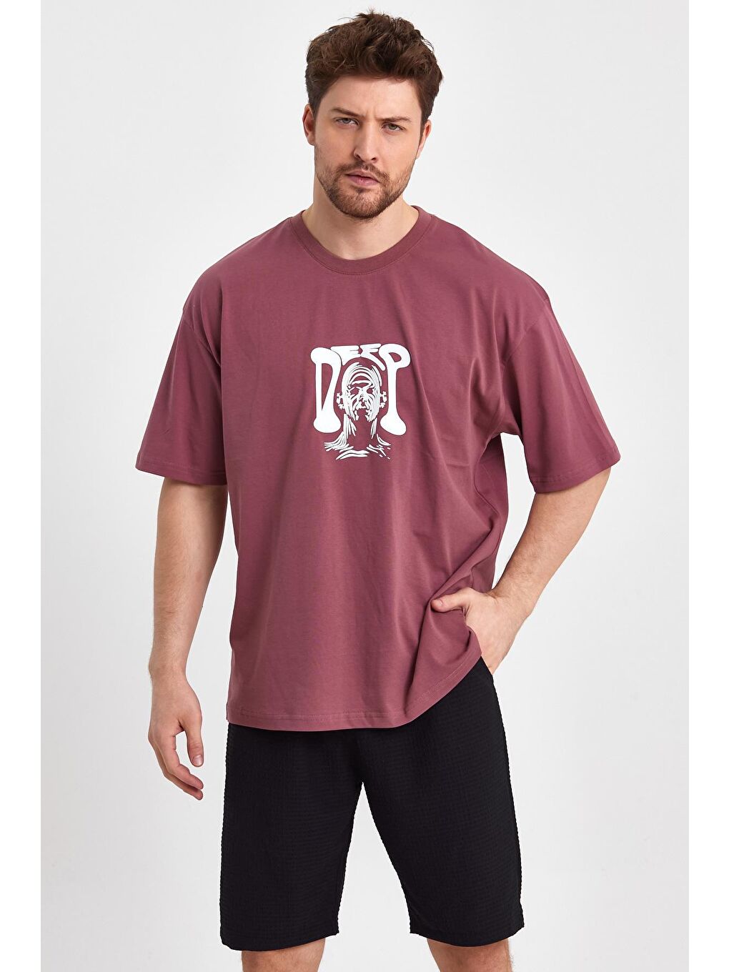 Pembe Gül Kurusu Oversize Fit Bisiklet Yaka %100 Pamuk Deep Kabartma Baskılı Erkek Tişört RF0404-3