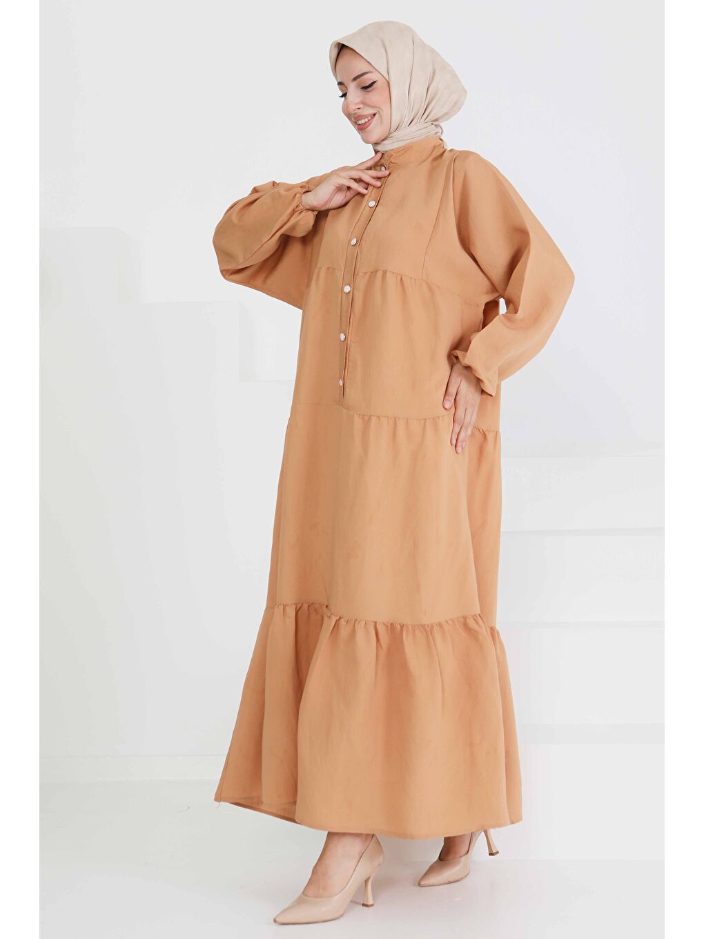 Bej İnci Düğmeli Elbise Vizon - 27469-1