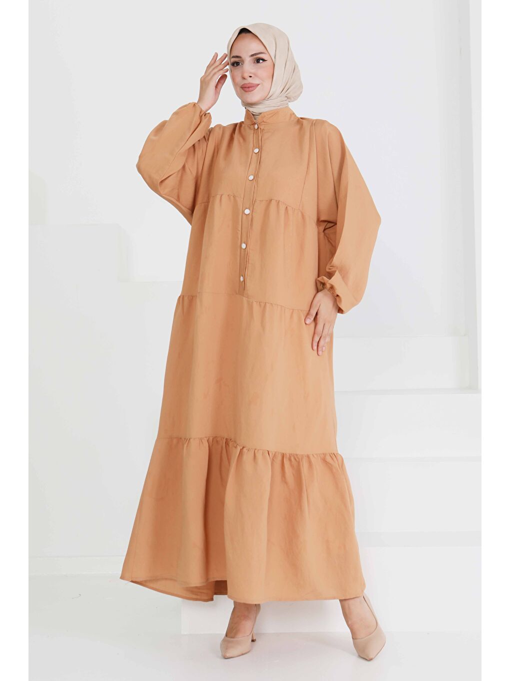 Bej İnci Düğmeli Elbise Vizon - 27469-2