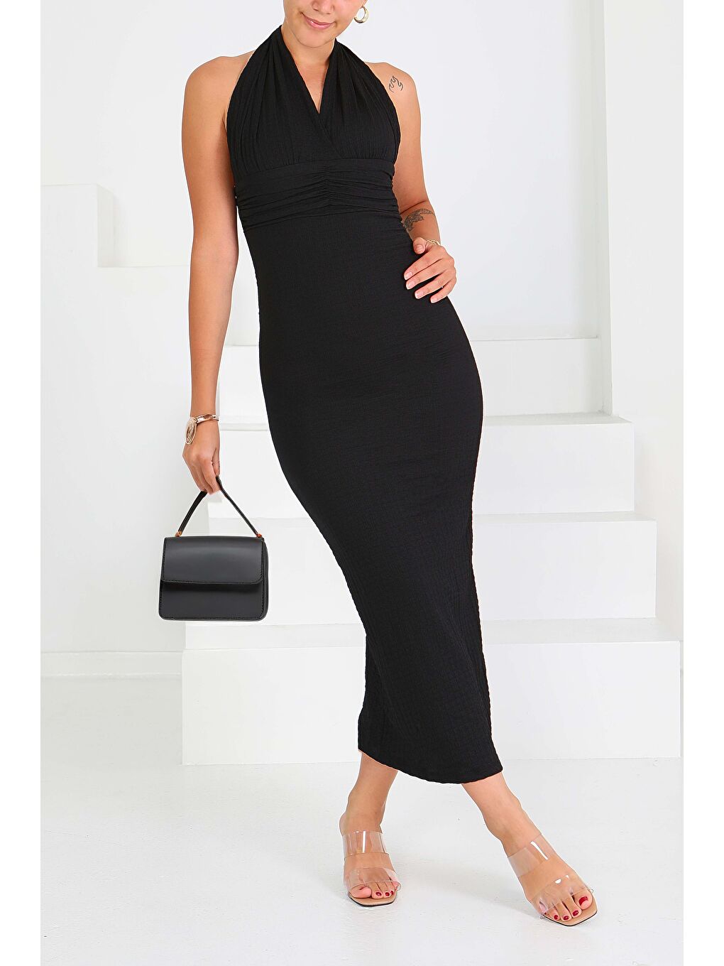 Buffle Beli Büzgülü Elbise Siyah - 27557