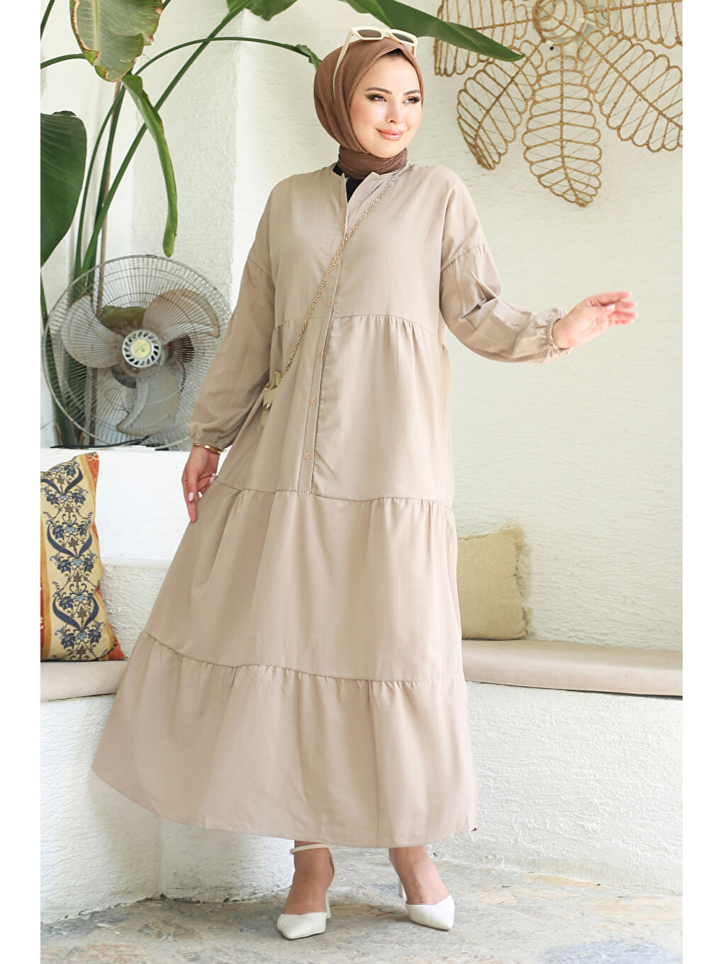 Bej Büzgülü Pat Detaylı Elbise Vizon - 27293-1