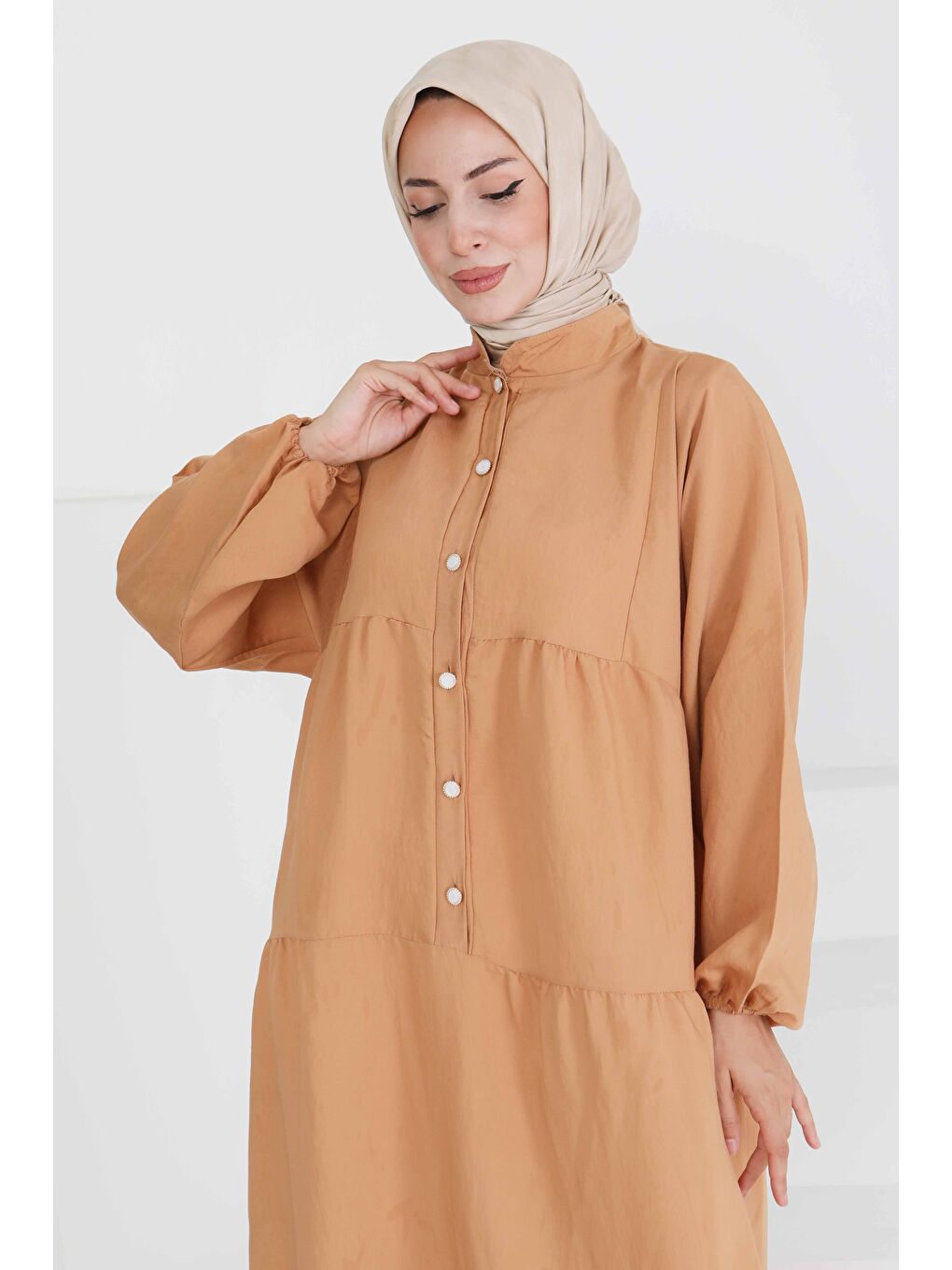 Bej İnci Düğmeli Elbise Vizon - 27469-3
