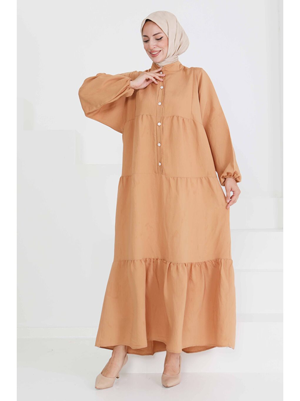 Bej İnci Düğmeli Elbise Vizon - 27469-4