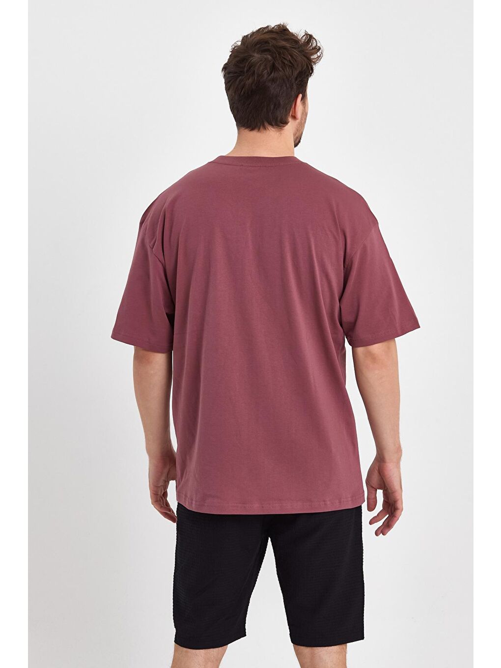 Pembe Gül Kurusu Oversize Fit Bisiklet Yaka %100 Pamuk Deep Kabartma Baskılı Erkek Tişört RF0404-5