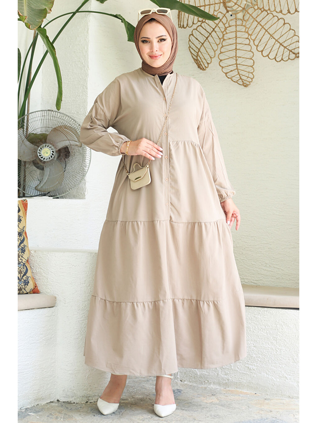 Bej Büzgülü Pat Detaylı Elbise Vizon - 27293-2