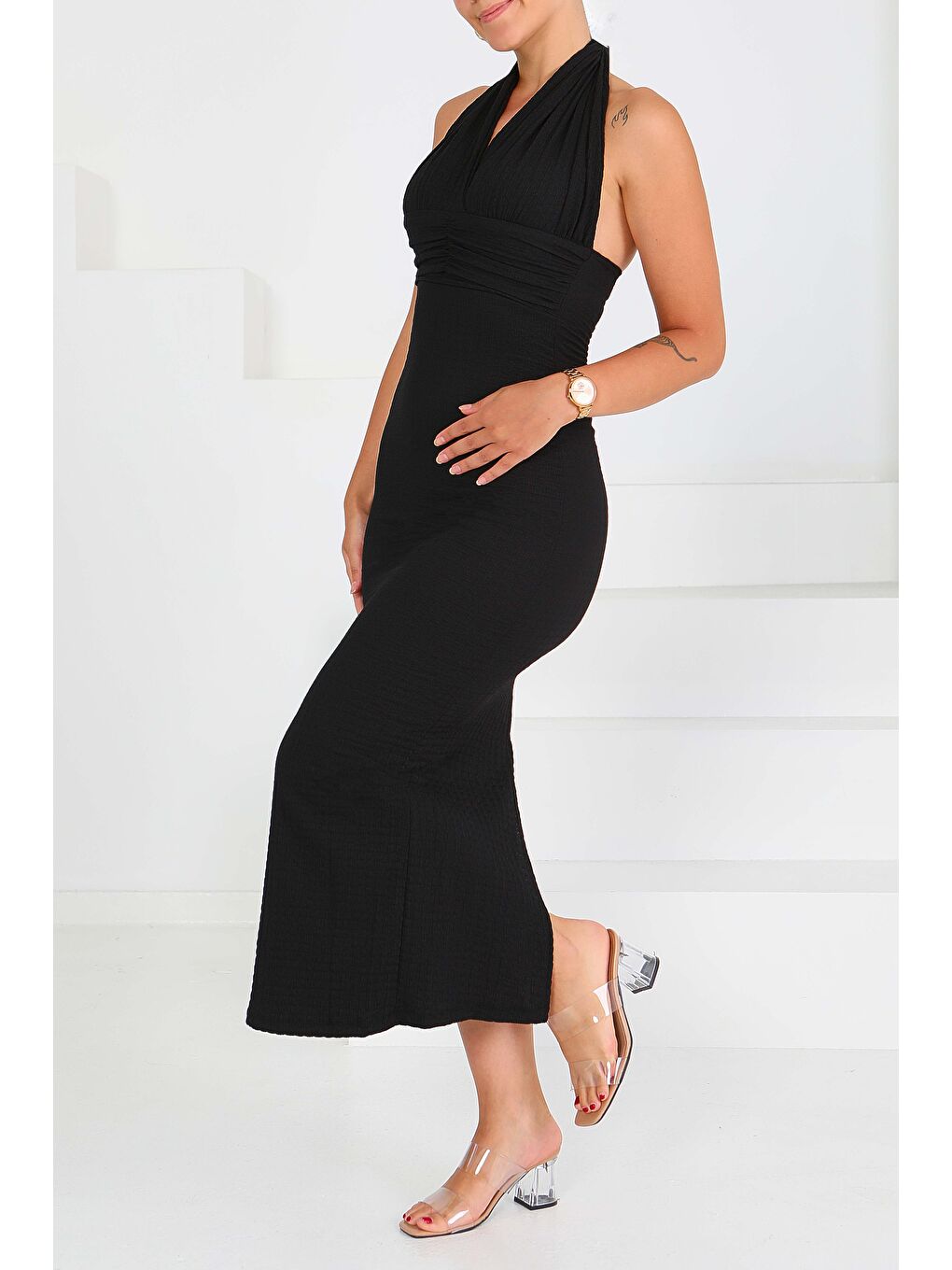 Buffle Beli Büzgülü Elbise Siyah - 27557-1