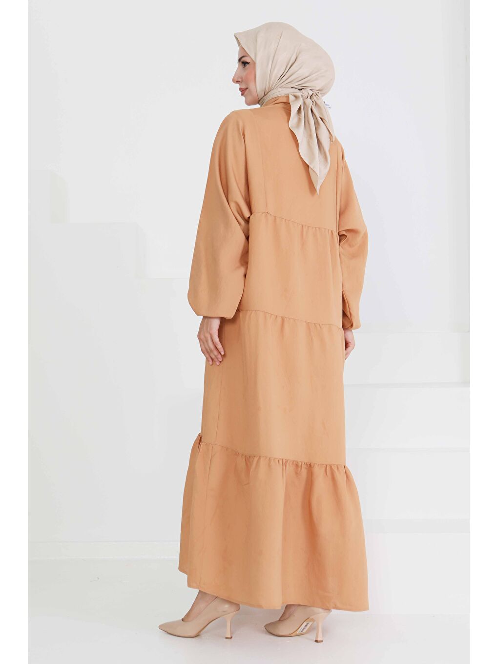 Bej İnci Düğmeli Elbise Vizon - 27469-5