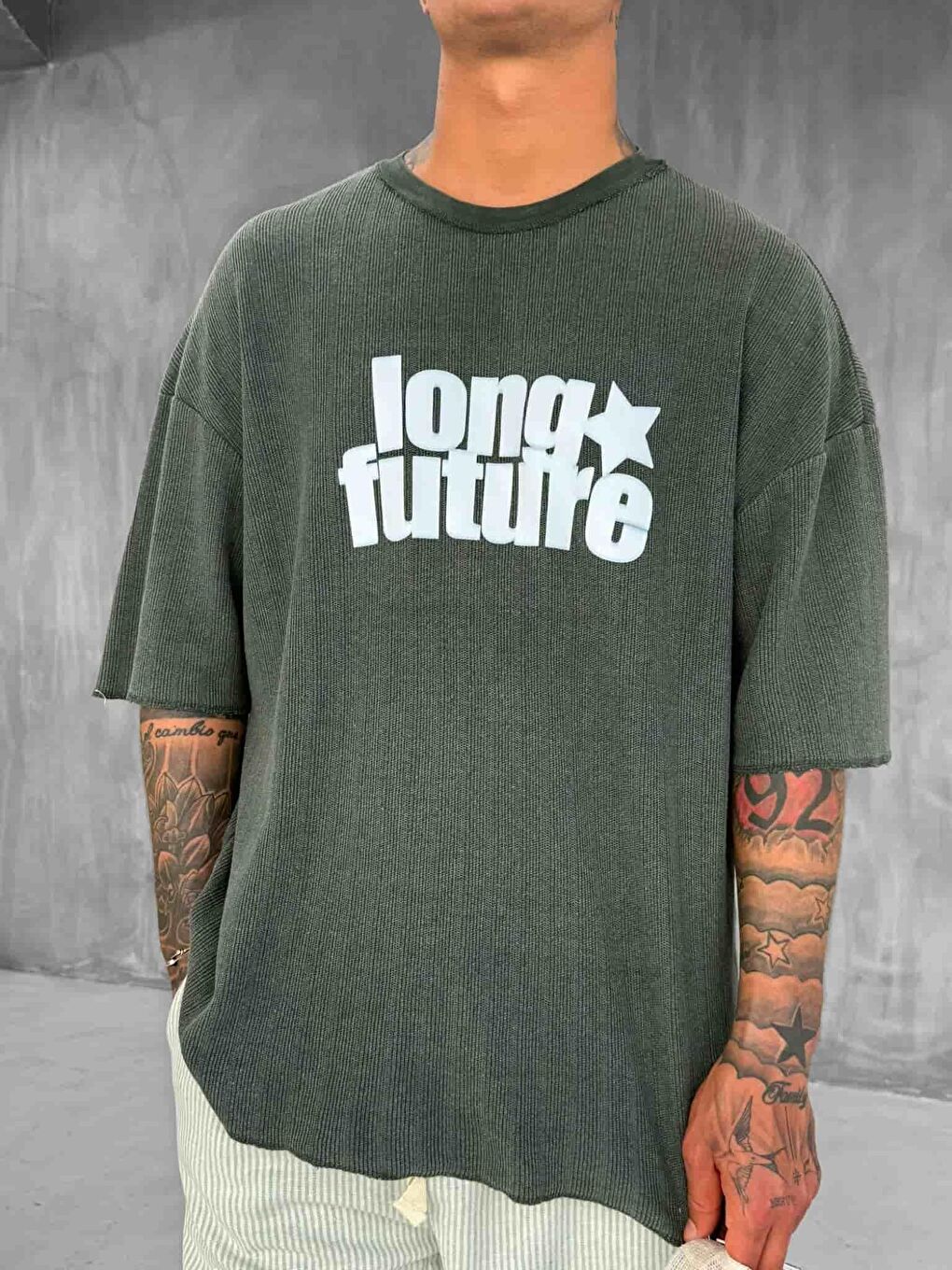 Erkek Yıkamalı Ribana Kumaş Oversize Tişört Haki Yeşil