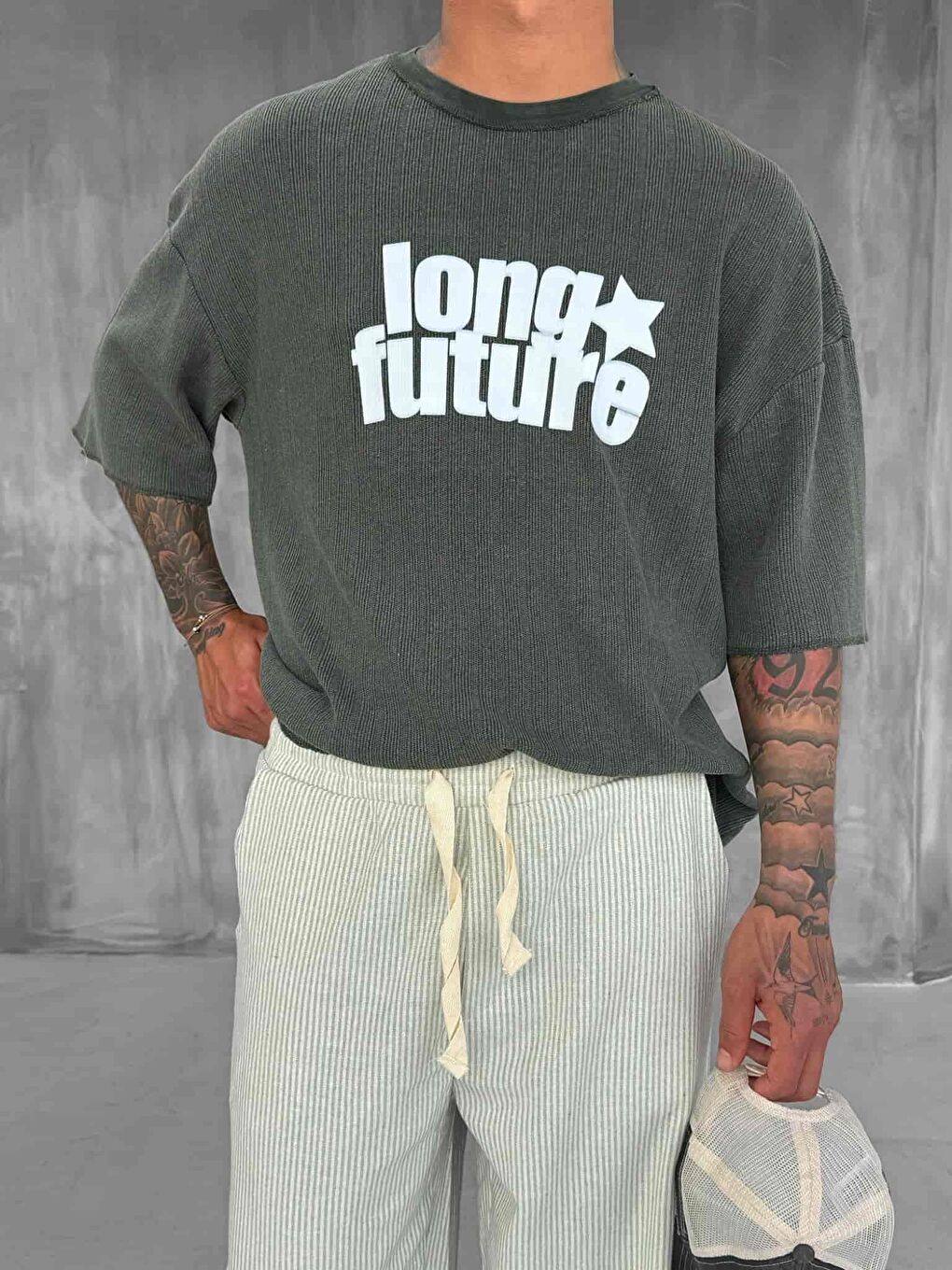 Erkek Yıkamalı Ribana Kumaş Oversize Tişört Haki Yeşil-1