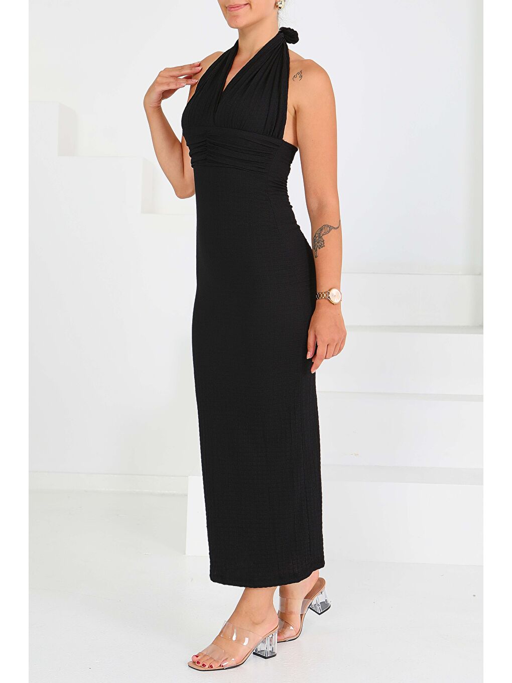 Buffle Beli Büzgülü Elbise Siyah - 27557-3