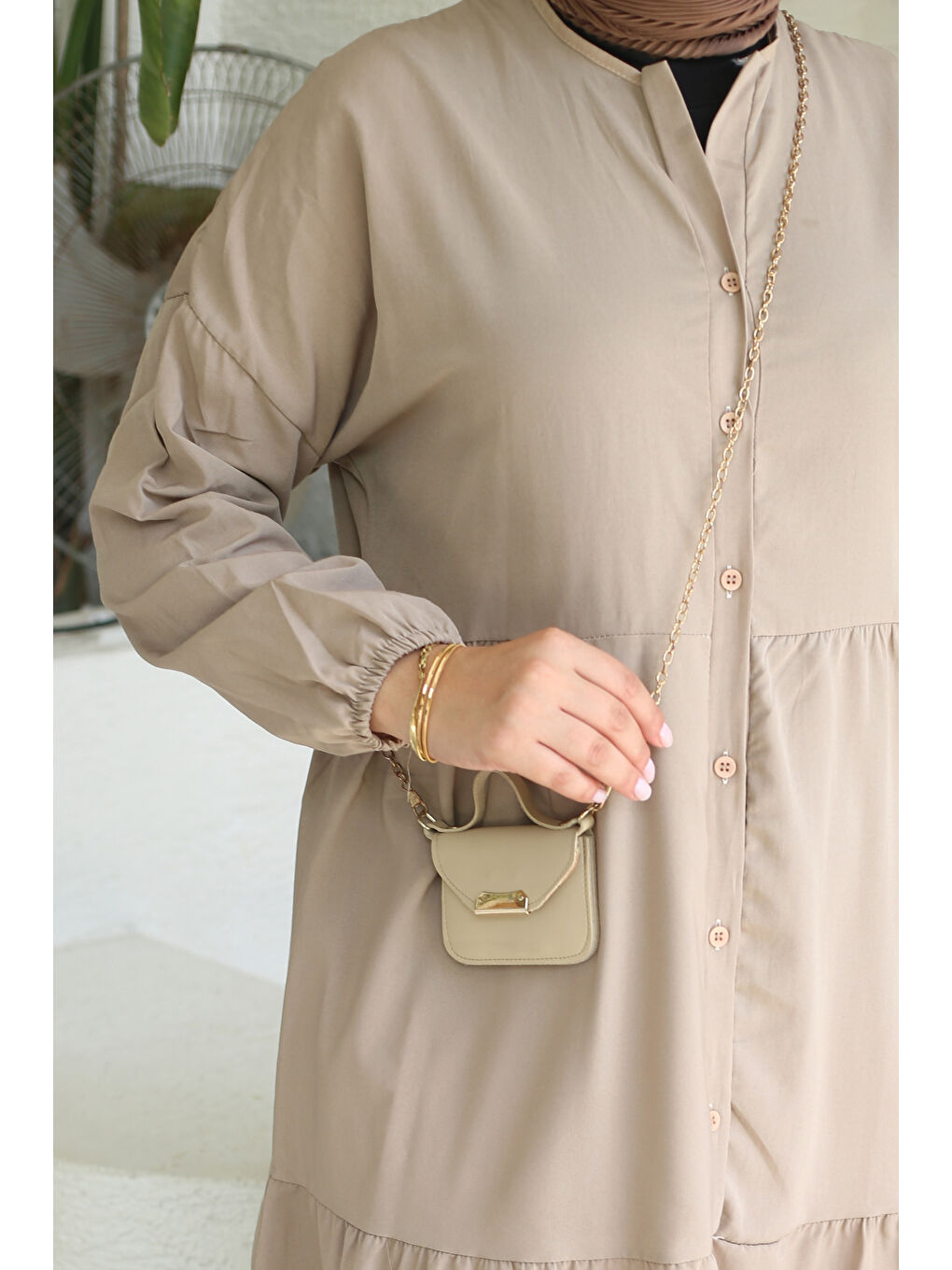 Bej Büzgülü Pat Detaylı Elbise Vizon - 27293-4