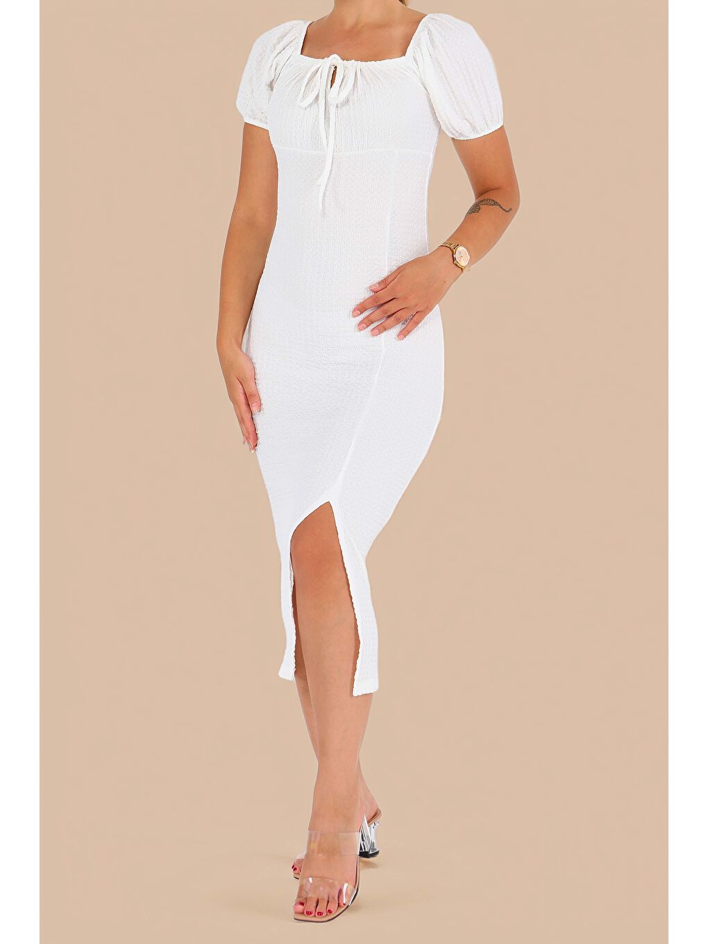 Prenses Kol Yırtmaçlı Elbise Beyaz - 27554