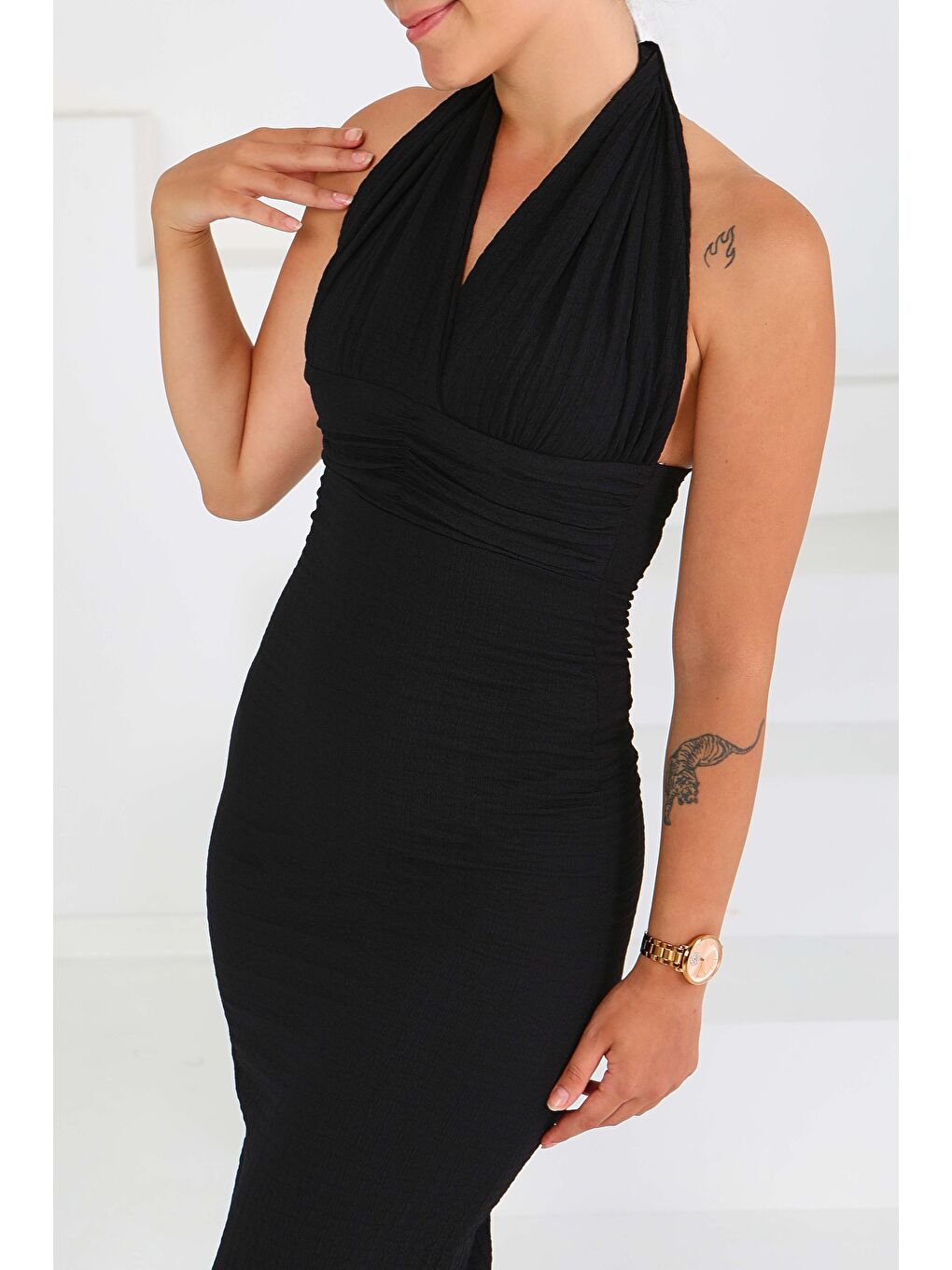 Buffle Beli Büzgülü Elbise Siyah - 27557-4