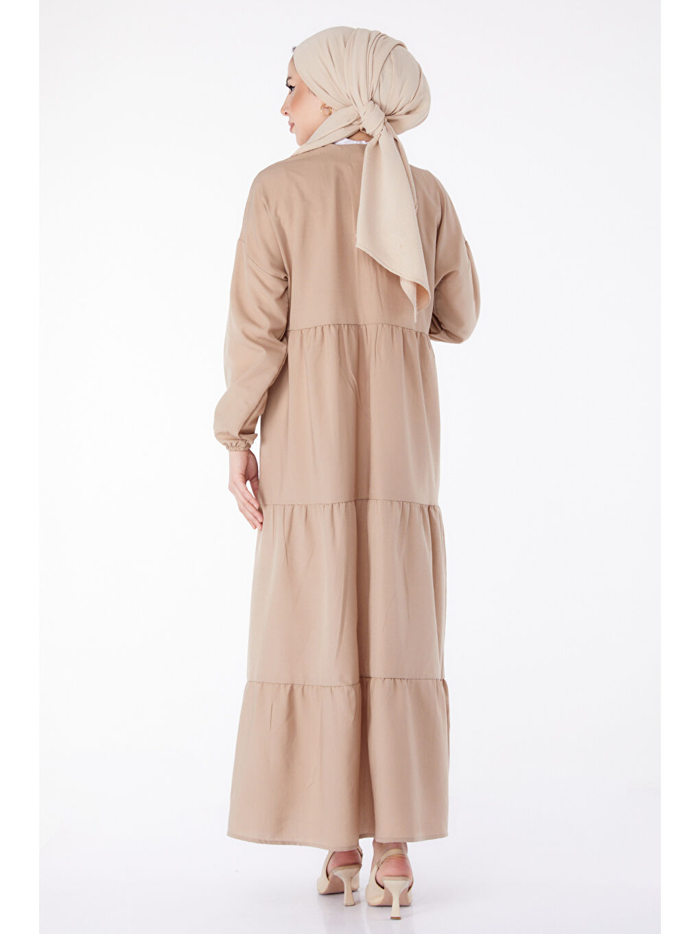 Bej Büzgülü Pat Detaylı Elbise Vizon - 27293-5