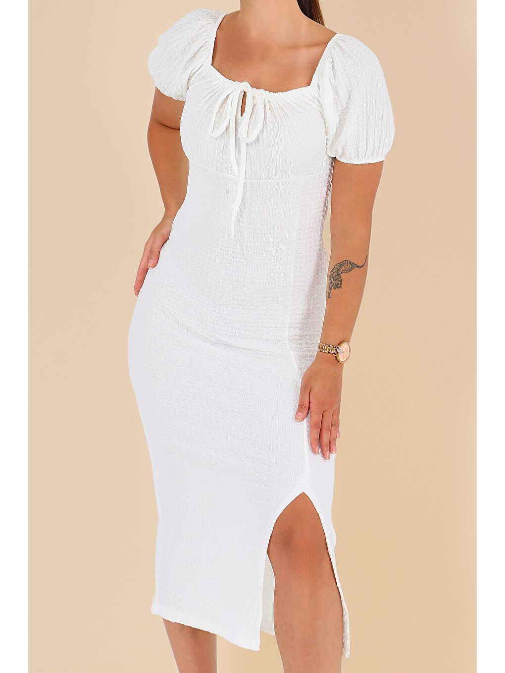 Prenses Kol Yırtmaçlı Elbise Beyaz - 27554-1