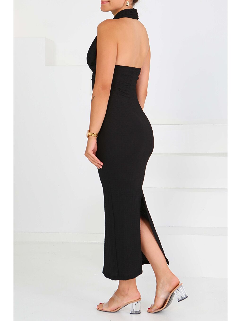 Buffle Beli Büzgülü Elbise Siyah - 27557-5