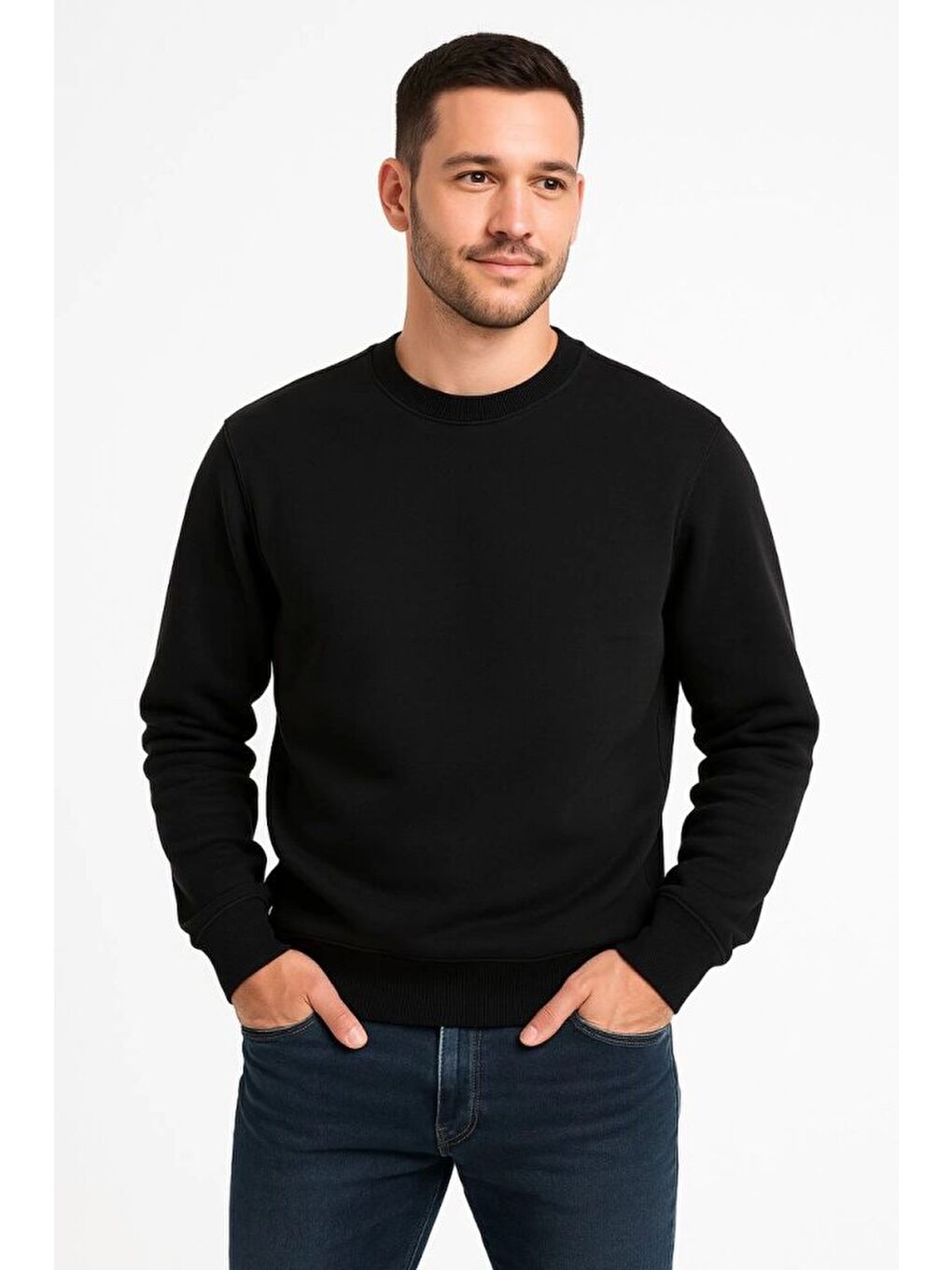 Siyah Erkek Üç İplik Düz Bisiklet Yaka Sweatshirt-1