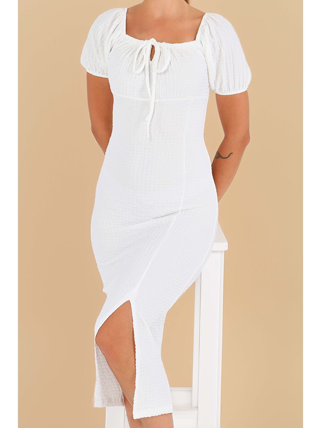 Prenses Kol Yırtmaçlı Elbise Beyaz - 27554-2