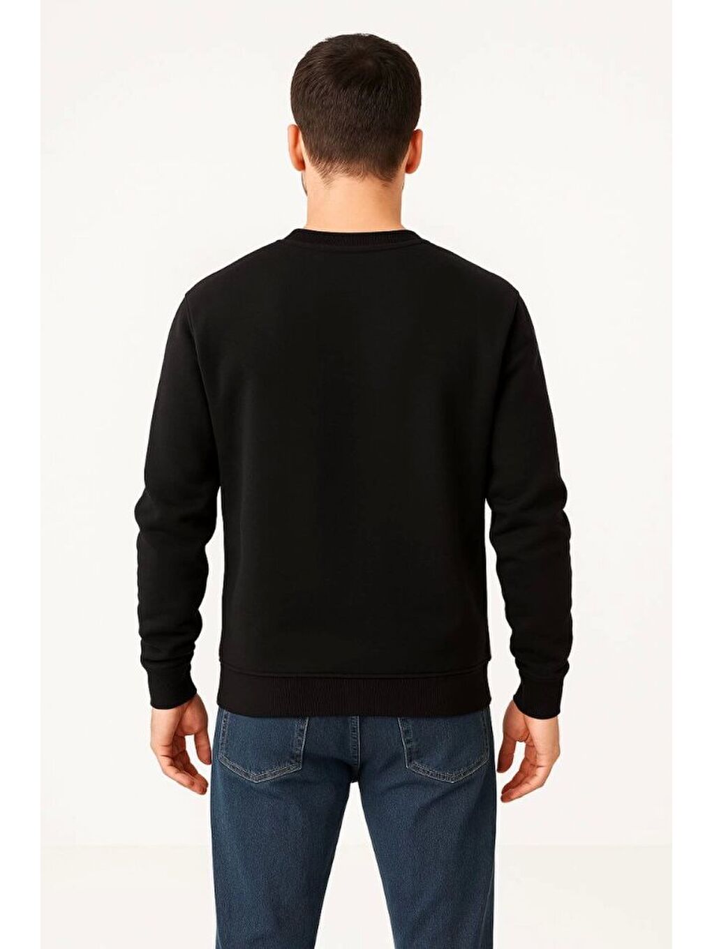 Siyah Erkek Üç İplik Düz Bisiklet Yaka Sweatshirt-2