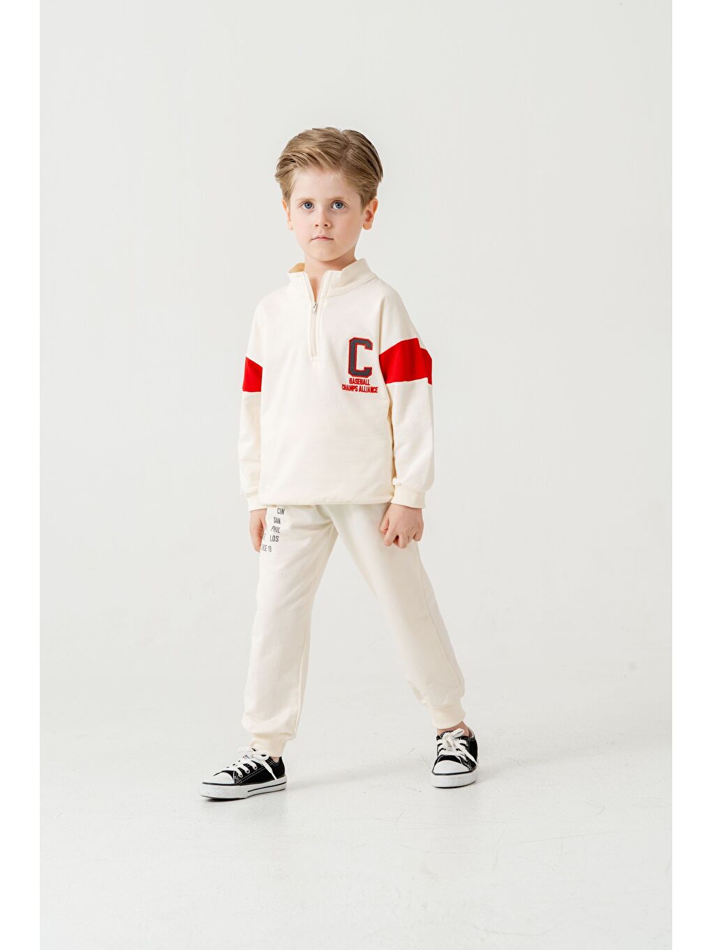Beyaz Erkek Çocuk Yarım Fermuarlı Mevsimlik Eşofman Takımı-3