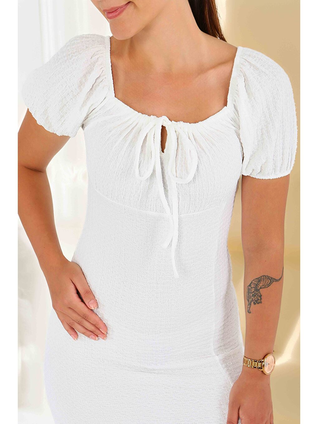 Prenses Kol Yırtmaçlı Elbise Beyaz - 27554-3