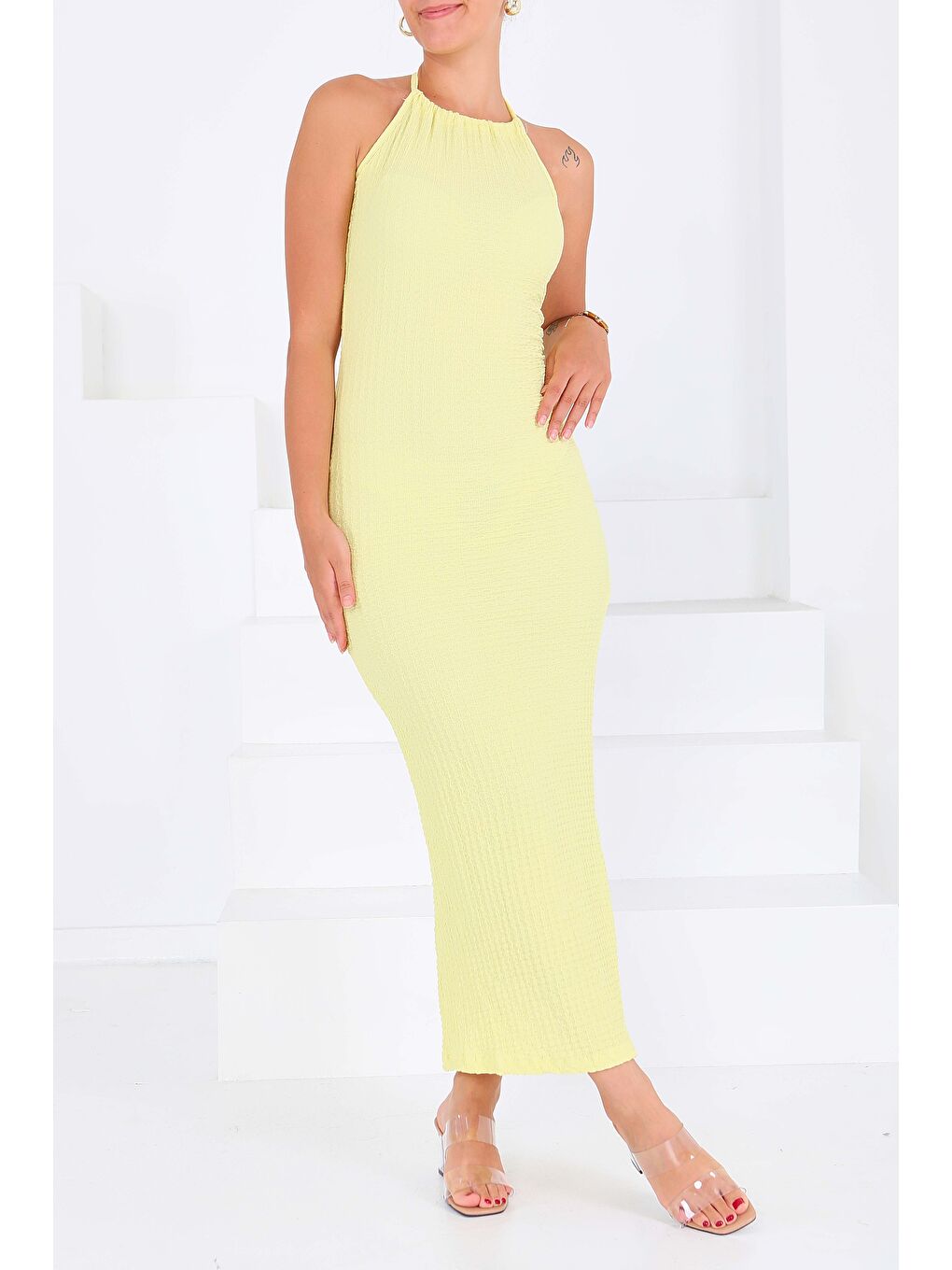 Sarı Buffle Askılı Yırtmaçlı Elbise Sari - 27555