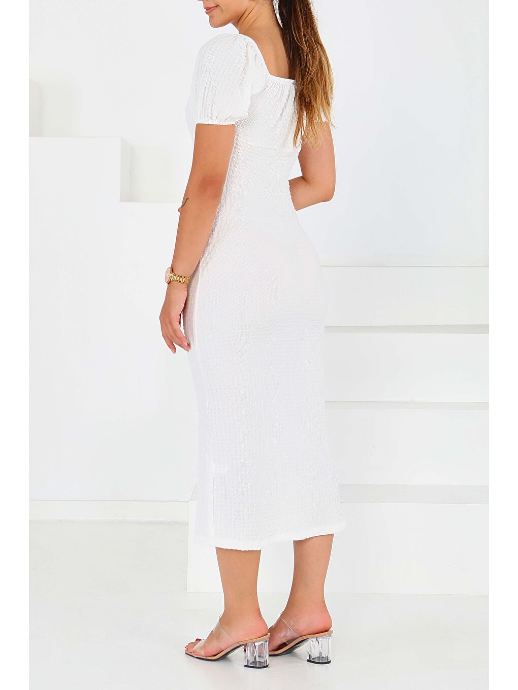 Prenses Kol Yırtmaçlı Elbise Beyaz - 27554-4