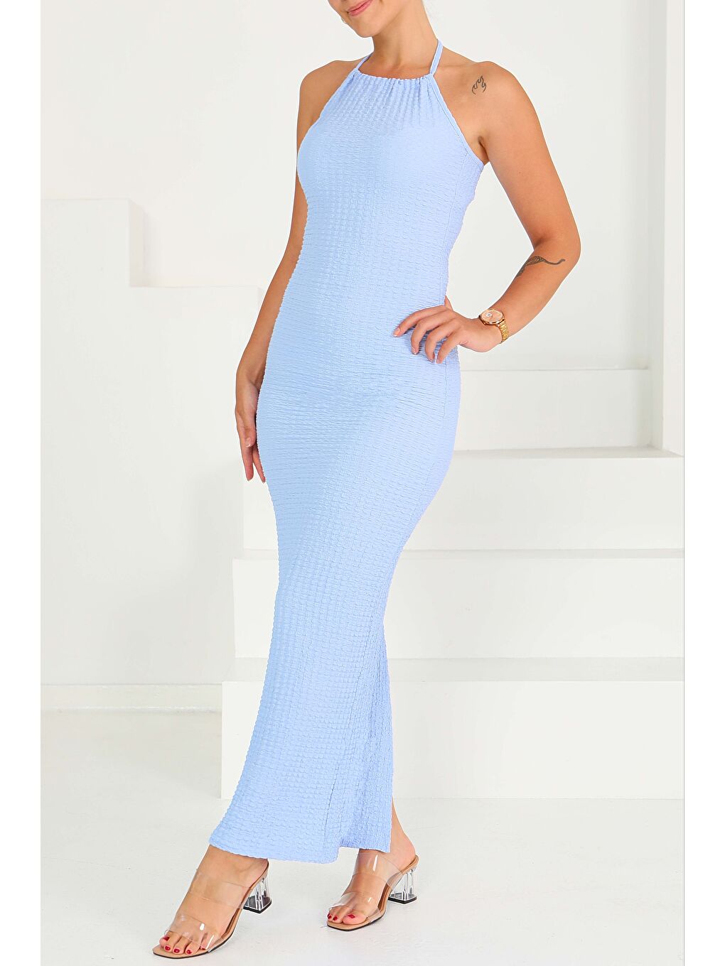 Buffle Askılı Yırtmaçlı Elbise Bebe Mavi - 27555