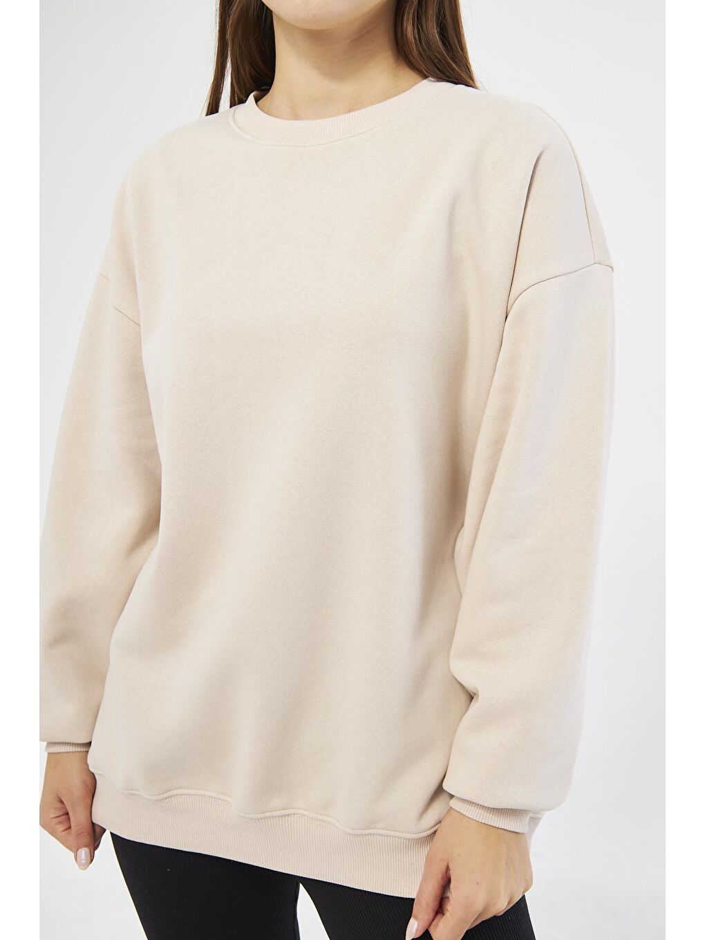 Chandraswear Bej Kadın Oversize Basic Sweatshirt - Karmen - 1