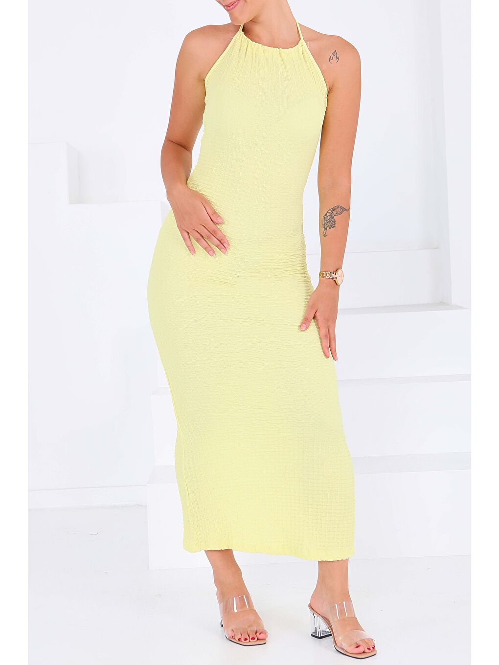 Sarı Buffle Askılı Yırtmaçlı Elbise Sari - 27555-3