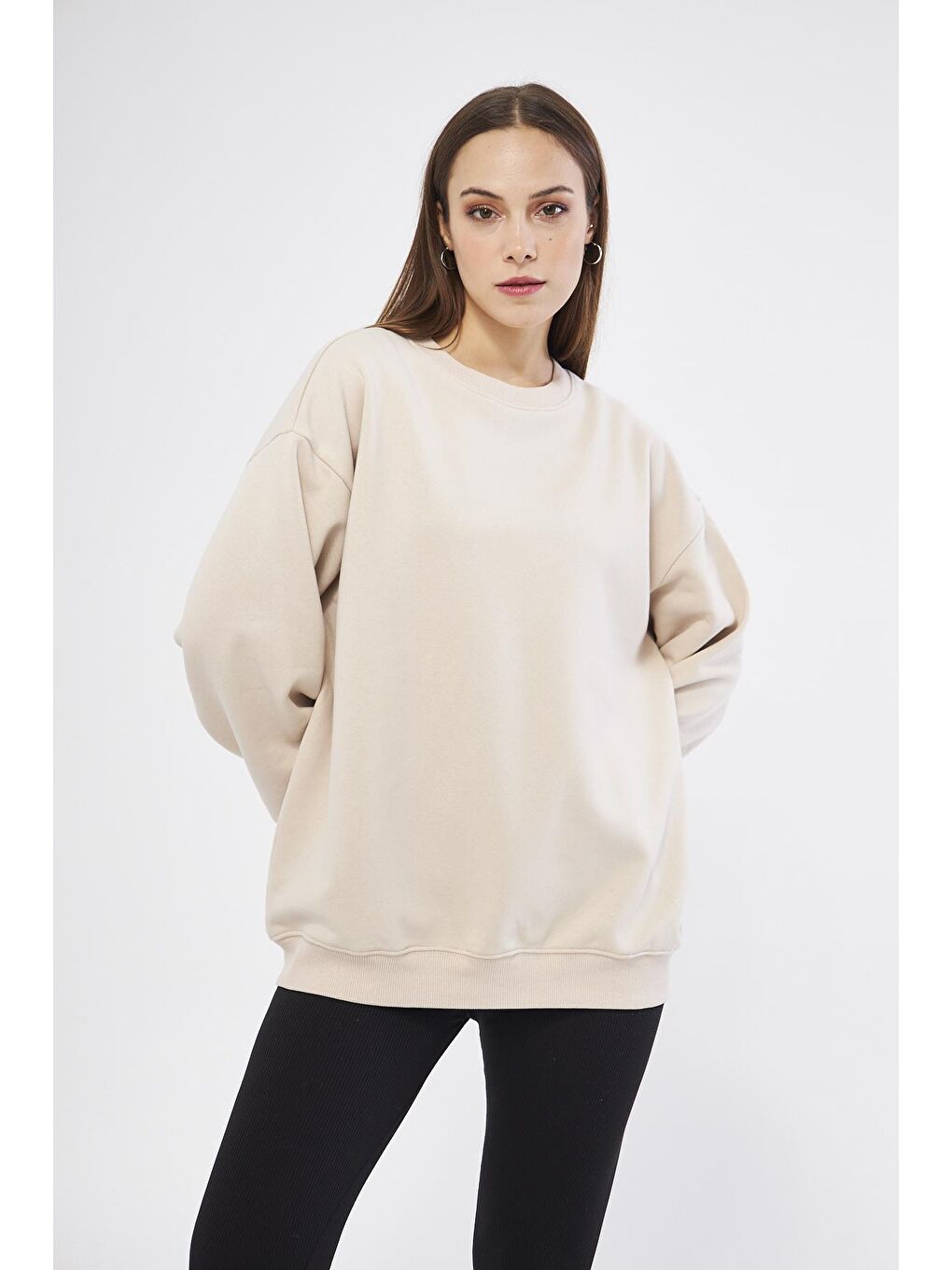 Chandraswear Bej Kadın Oversize Basic Sweatshirt - Karmen - 2