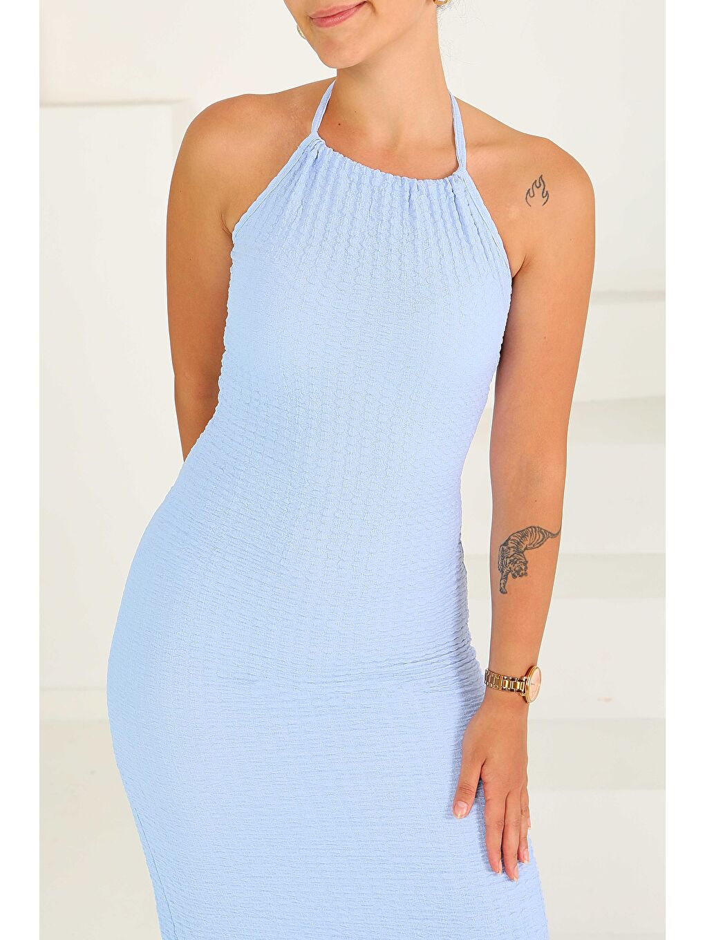 Buffle Askılı Yırtmaçlı Elbise Bebe Mavi - 27555-3