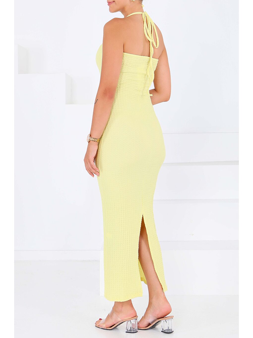 Sarı Buffle Askılı Yırtmaçlı Elbise Sari - 27555-4