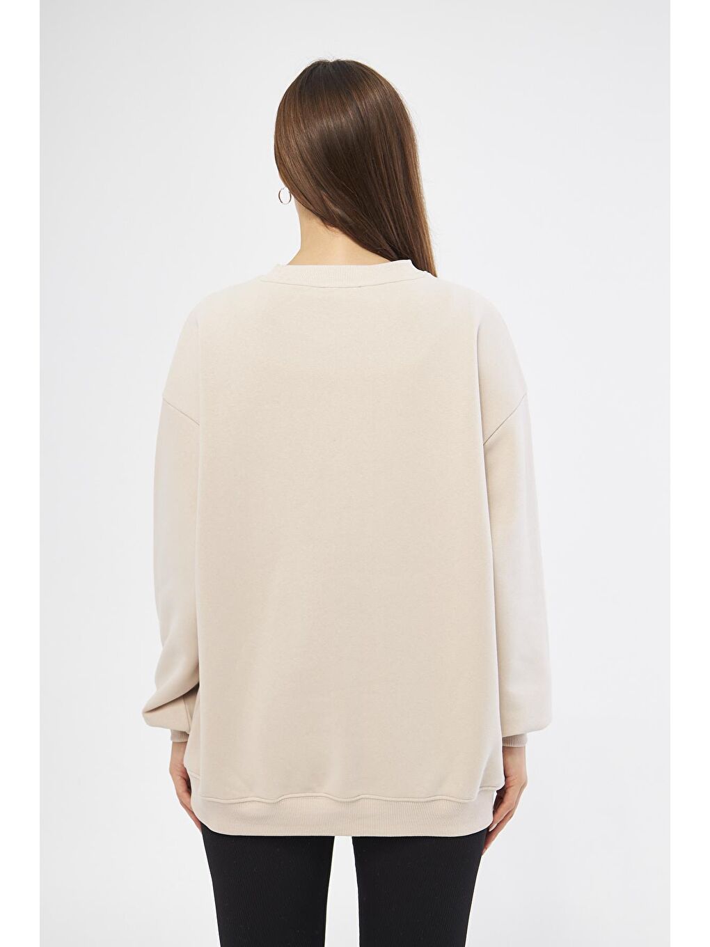 Chandraswear Bej Kadın Oversize Basic Sweatshirt - Karmen - 4