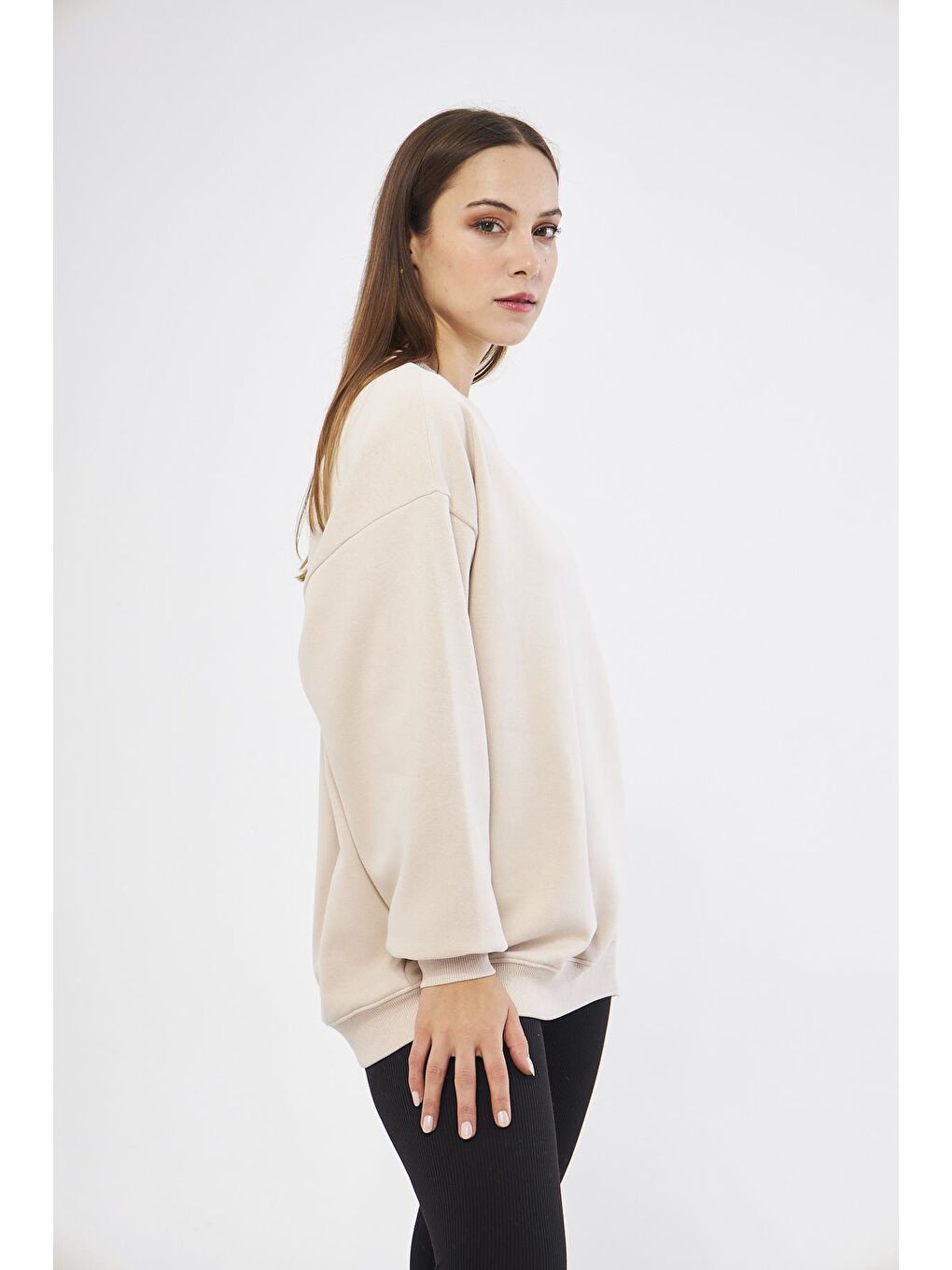 Chandraswear Bej Kadın Oversize Basic Sweatshirt - Karmen - 5