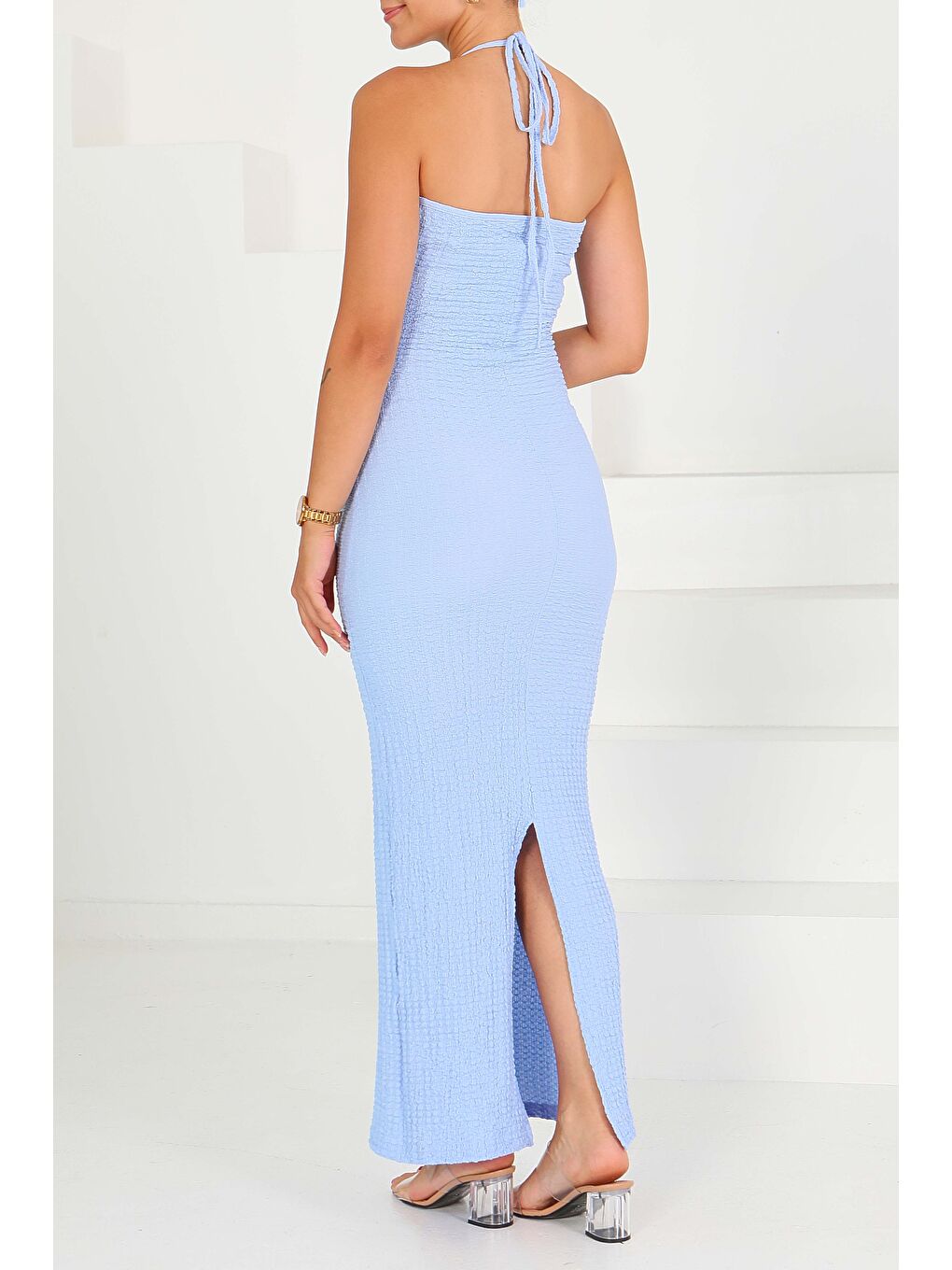 Buffle Askılı Yırtmaçlı Elbise Bebe Mavi - 27555-5