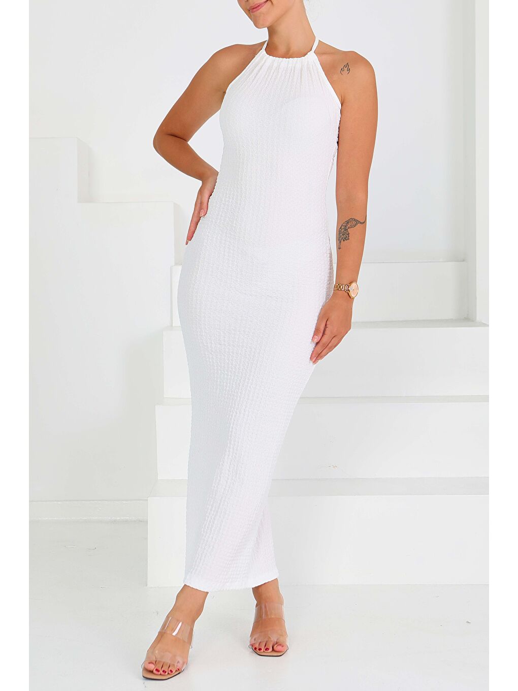 Buffle Askılı Yırtmaçlı Elbise Beyaz - 27555-1