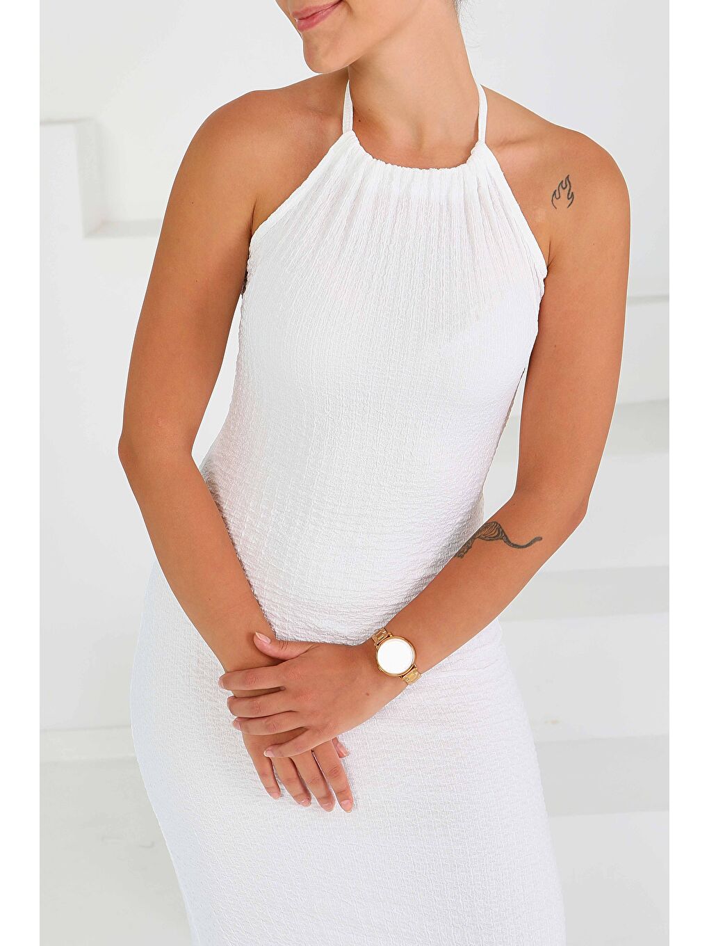 Buffle Askılı Yırtmaçlı Elbise Beyaz - 27555-2