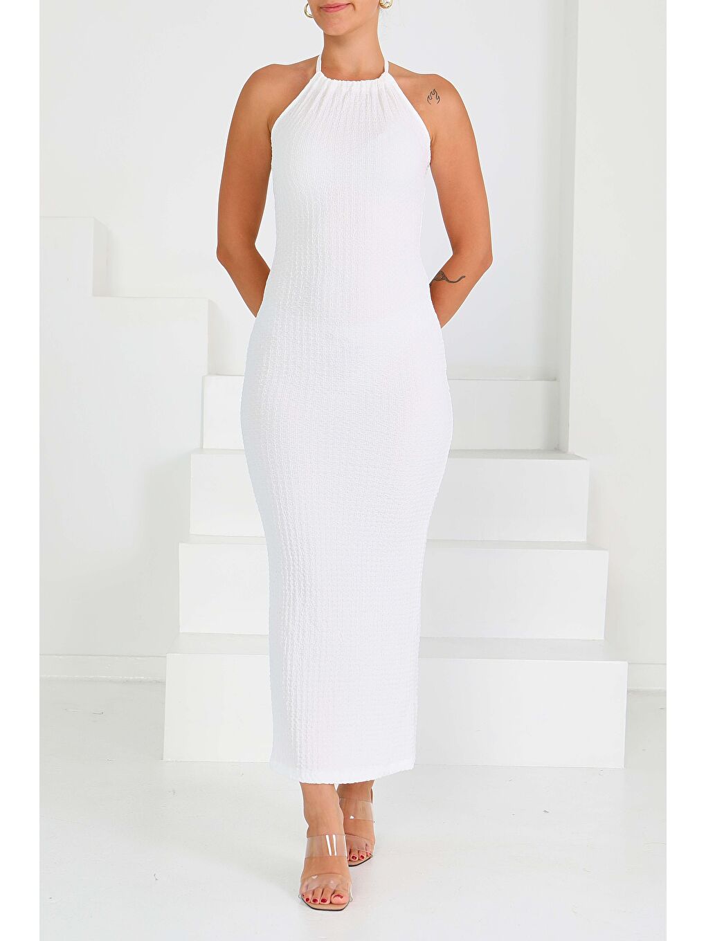 Buffle Askılı Yırtmaçlı Elbise Beyaz - 27555-3