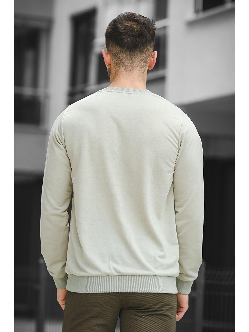 Yeşil Never Give Up Baskılı Slim Fit Elastanlı Sıfır Yaka Erkek Sweatshirt-3