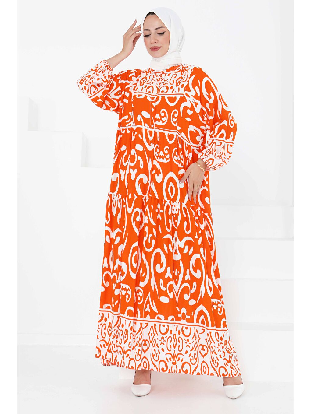 Turuncu Desenli Düğmeli Elbise Oranj - 27428-1
