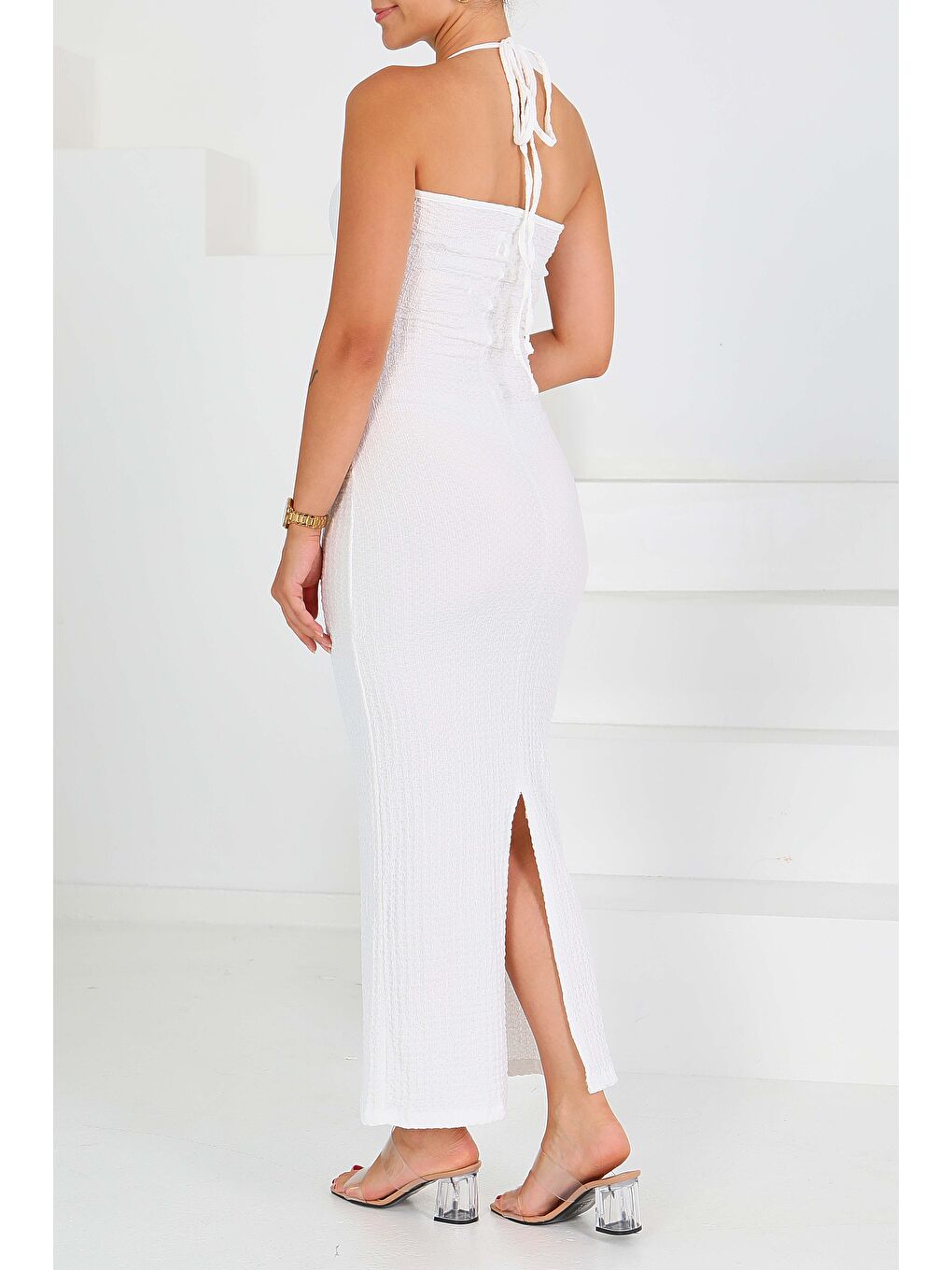 Buffle Askılı Yırtmaçlı Elbise Beyaz - 27555-4