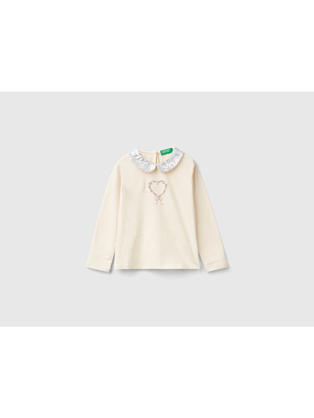 Kız Çocuk Ekru Önü Su Bazlı Baskılı Yakası Pullu Uzun Kollu Tişört