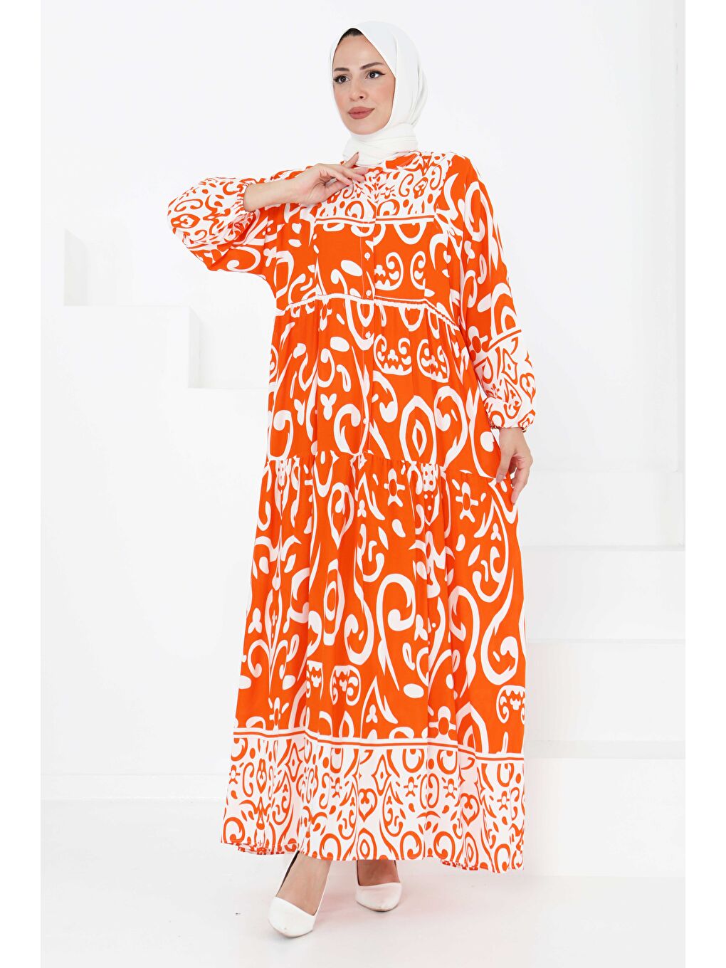 Turuncu Desenli Düğmeli Elbise Oranj - 27428-2
