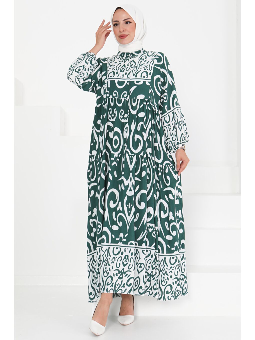 Yeşil Desenli Düğmeli Elbise Zümrüt - 27428