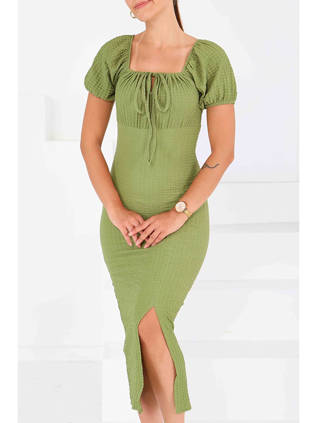 Prenses Kol Yırtmaçlı Elbise Haki - 27554